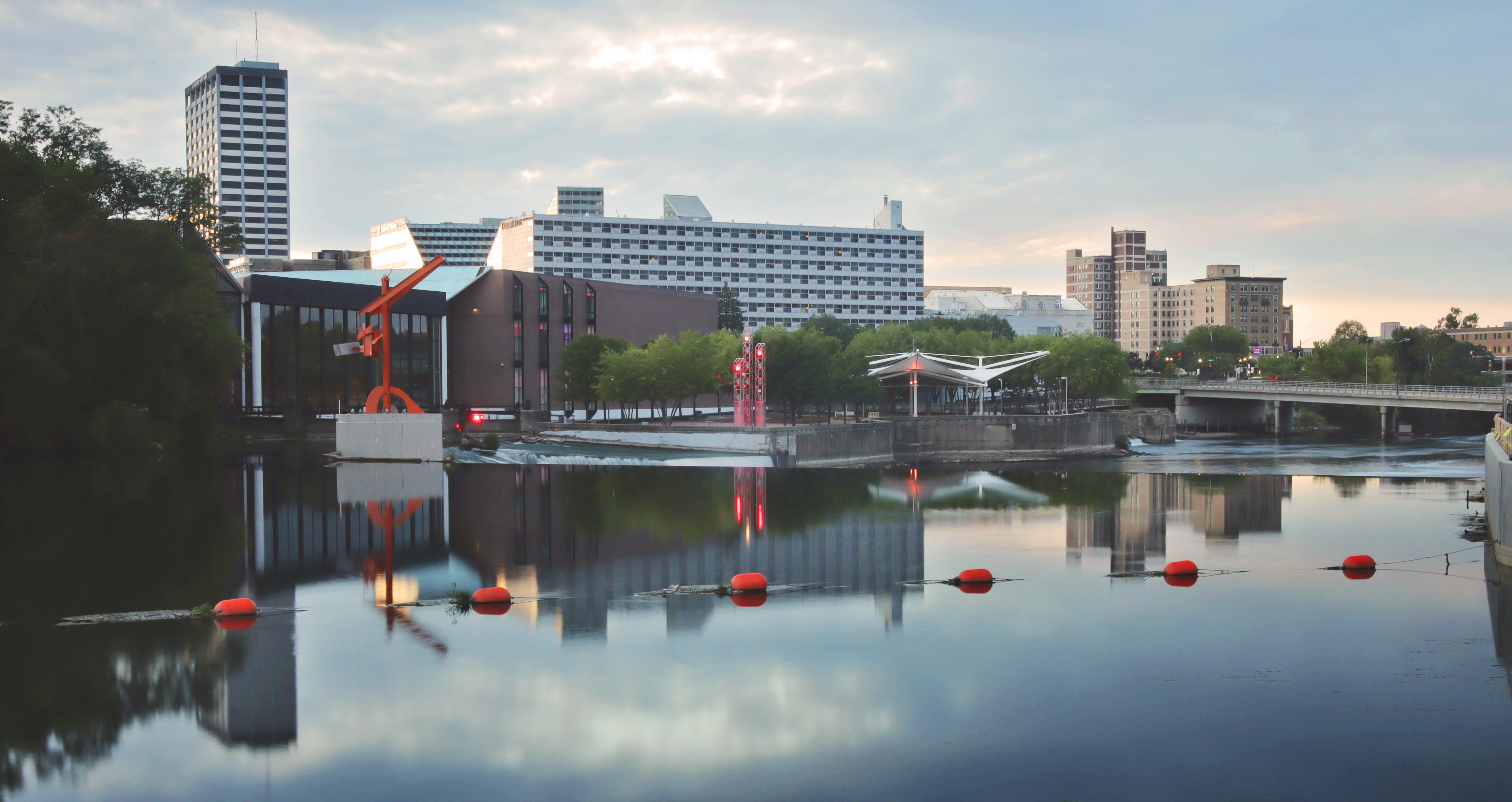 A riverside view of downtown South Bend
